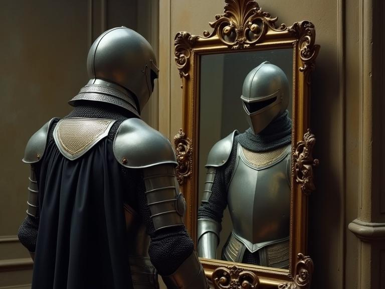 A knight stands in front of a mirror. The knight wears a silver armor and a black cape. The room has an ornate design with a vintage mirror reflecting the knight's image.