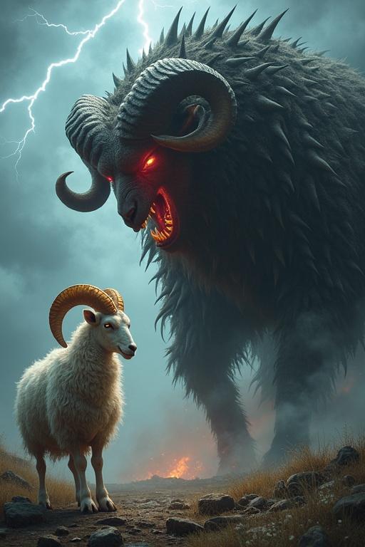 An ancient ram stands before a towering demonic sheep. The ram has golden horns and sorrowful eyes. The sheep is large with dark spikes and red eyes. They are in a stormy landscape. Lightning strikes illuminate the scene. The ram radiates authority. The sheep roars in fury. Dark energy crackles around them. Their confrontation symbolizes power and tragedy.