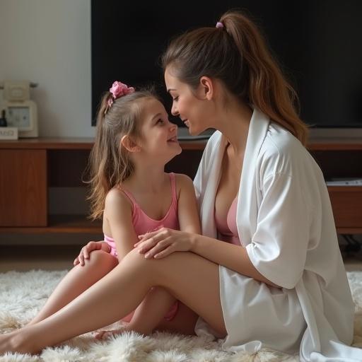 A slim young woman wearing a silk white robe sits on the floor with a little girl in a pink bikini. They are in front of a television. The woman looks serious yet loving, gazing at the girl who hopes for a kiss. The scene is warm and affectionate.