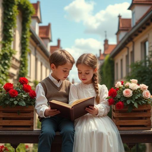 Beautiful boy and girl sit side by side on wooden balcony connecting historic European houses. They wear elegant 1840s clothing and read illustrated book. Behind them are wooden crates with blooming red and white roses. Background shows rooftops and ivy-covered houses under soft clouds in blue sky. Late afternoon summer light creates a warm glow. Ultra-realistic with detailed elements.