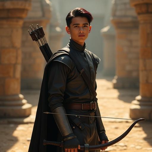 A handsome teenage boy stands in a medieval European training ground. The boy has an elegant and composed expression. He is wearing a finely tailored dark leather jerkin. The setting features stone arches and wooden targets. His hair is slicked back with subtle red highlights. He has a lean athletic build. A short sword is sheathed at his side. A compact bow is strapped across his back. The environment is filled with light particles and a soft golden glow, suggesting a magical presence.