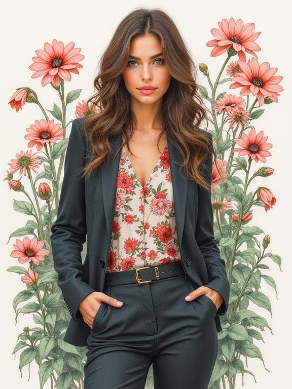 Colored pencil drawing; woman in business suit; floral dress; surrounded by lobelia flowers; accurate anatomy; atmospheric