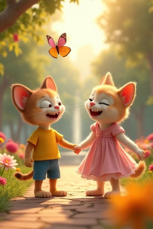 A 3D animated scene featuring two anthropomorphic kittens in a park. One kitten wears a yellow shirt and blue shorts. The other kitten wears a pastel pink dress. They are laughing and chasing a butterfly. The setting includes blooming flowers and a fountain under sunlight.