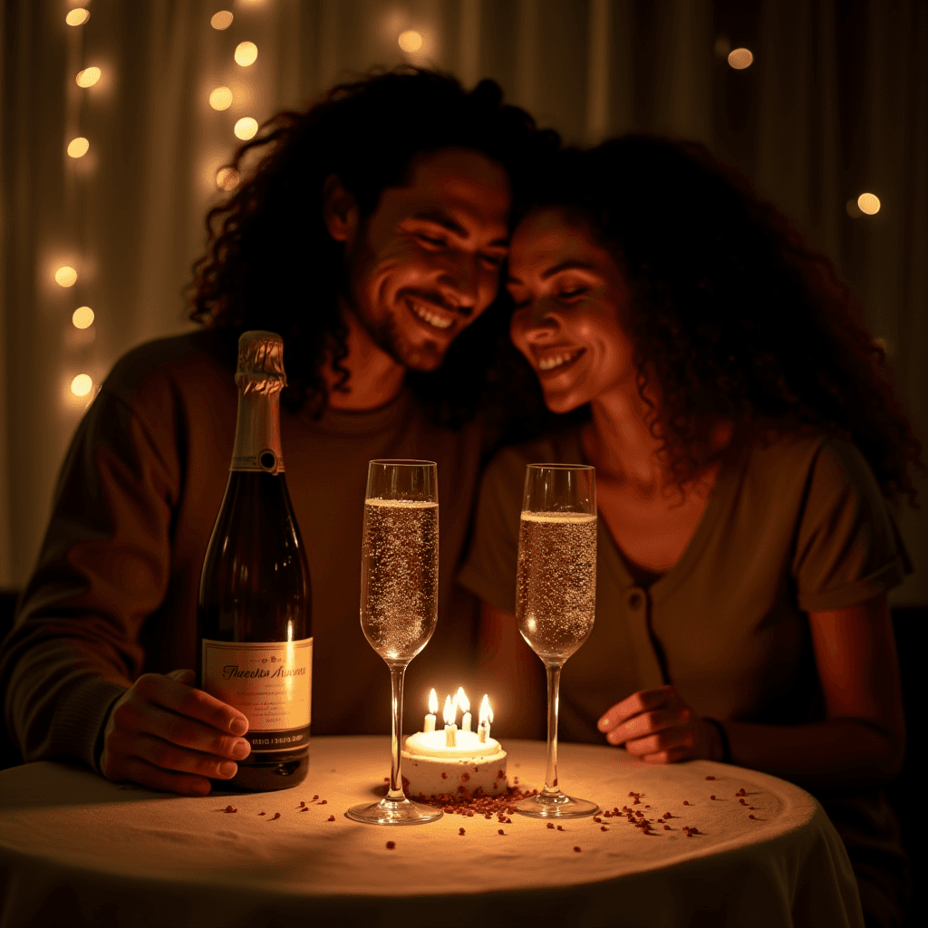 A couple enjoys a romantic evening with champagne and a lit candle on a table, against a backdrop of warm string lights.