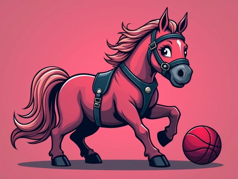 Pony designed in bold vector art style. Dark pink colored pony with playful expression. Pony wears a black leather harness with a ball gag. Background color is dark pink. Pony interacts with a red ball. Focus on clean outlines, simple shading, and vibrant colors.