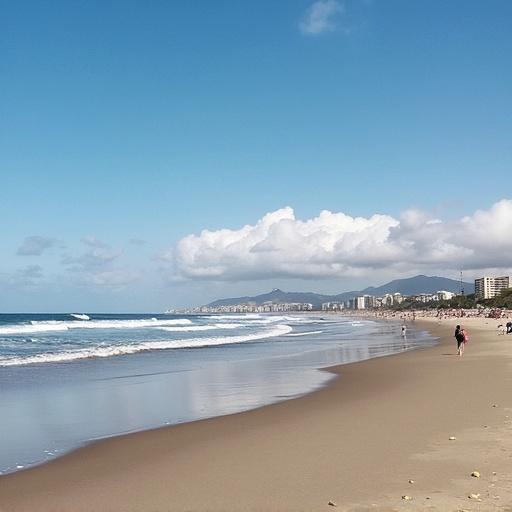 Scenic view of Playa de Pimentel in Chiclayo, Peru. Wide sandy beach with blue ocean and cloudy sky. People walking along the shore. Coastal town in the background.