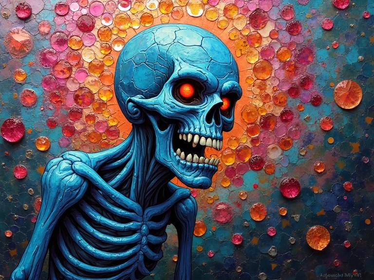 A blue skeleton with glowing red eyes is positioned in front of an abstract background of colorful ceramic tiles and glass mosaics. The backdrop features circular patterns in vibrant colors such as orange, yellow, and red, creating an ethereal effect. The artwork combines influences from horror aesthetics and abstract art techniques.