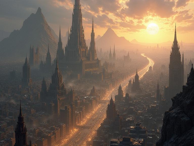 Fantasy painting depicting a towering metropolis on a great mesa. City divided into rich Upper Circle and chaotic Lower Circle with districts showing wealth, power, and hidden darkness.
