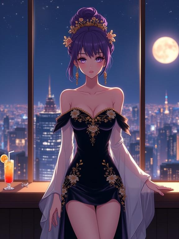 A stunning lady stands gracefully in front of a floor-to-ceiling window. She is facing the viewer with an elegant expression. A luxurious off-the-shoulder black gown with golden floral embroidery adorns her figure. White sheer sleeves add movement. Her violet hair is styled with gold flowers and kanzashi ornaments. Long earrings shimmer under the ambient light. A vibrant orange cocktail is on the counter nearby. The city skyline and a full moon are visible through the window. The rendering style is semi-anime with ultra-detailed and realistic features.
