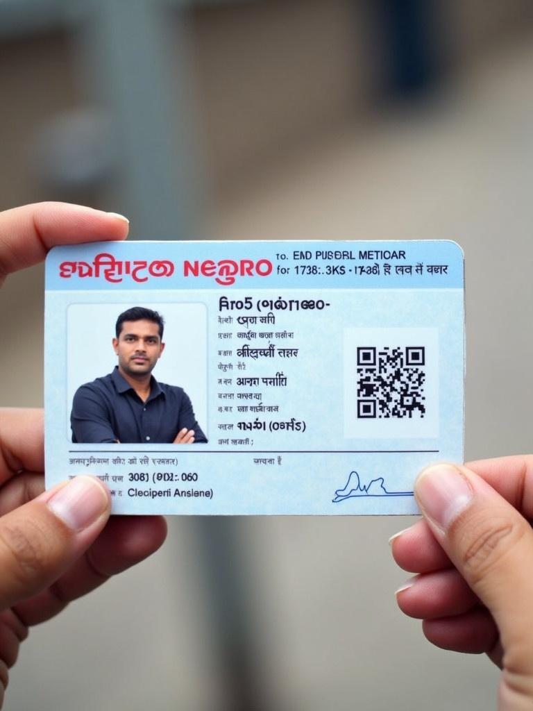 ID card displayed prominently. Card includes personal details and a QR code. Suitable for official and professional environments. Document features blue design elements.