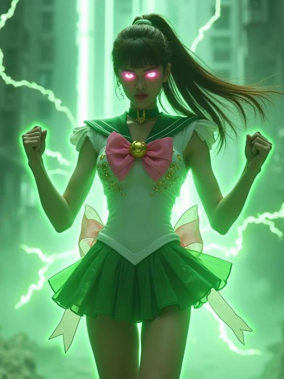 Futuristic interpretation of Sailor Jupiter. Character stands with clenched fists. Green and white sailor uniform highlighted by glowing patterns. Green lightning surrounds her. Dramatic long brown hair flowing behind her. Apocalyptic city background creates a powerful atmosphere.