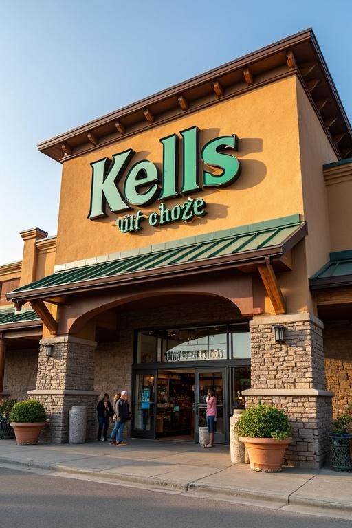 Large grocery store named Kells Natural Choice with people entering the store