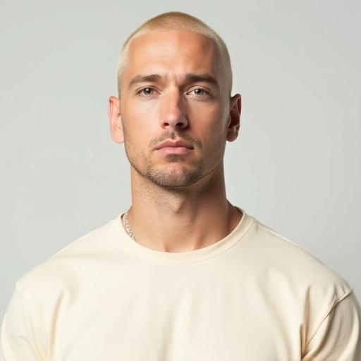 High resolution portrait of a male in cream t-shirt. Direct gaze with neutral expression. Clean-shaven with natural skin texture. Soft lighting with minimal shadows. Simple background and sharp details.
