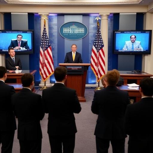 US government officials in formal suits stand in secure briefing room engaging in conversation with advisors announcing sanctions against judges of International Criminal Court. Room decorated with American flags and screens displaying judges' images and documents. Emphasis on significance of announcement.