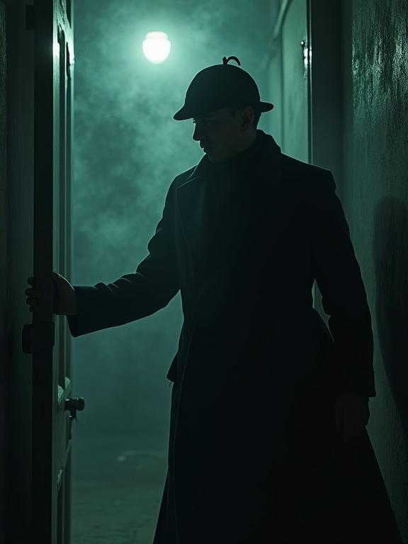 Adult man styled like Sherlock Holmes investigating a mysterious house in an action pose. The composition is diagonal with natural framing. The atmosphere is somber and nocturnal, creating a tense and Lovecraftian vibe with deep shadows. The color palette is cold and analogous. The style resembles a photorealistic 1940s poster or newspaper image with visual effects including film grain, chromatic aberration, and vignetting, along with elements of smoke and dust. The image is highly detailed and high resolution.