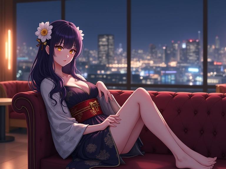 A beautiful anime-style woman has dark violet hair with a straight fringe adorned with floral hairpins. She wears a luxurious kimono with white sleeves and golden floral patterns layered over a black base. A red obi belt is at her waist. She comfortably sits on a luxurious sofa in a high-end lounge, with a relaxing posture. The lounge features modern furniture and a panoramic city night view through large windows. The lighting is warm and inviting.
