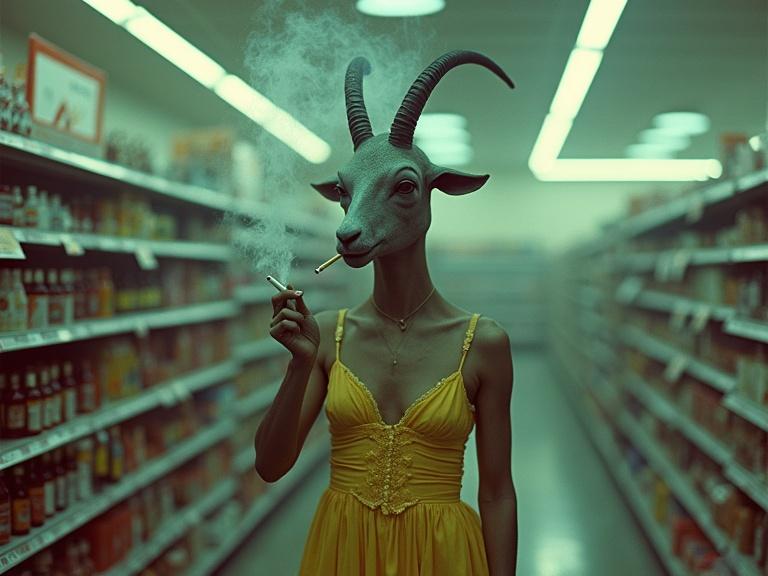 A surreal photograph featuring a goat-headed figure in a yellow prom dress. The figure smokes a cigarette inside a grocery store aisle filled with products. Harsh flash lighting creates an eerie atmosphere under flickering neon lights, resembling 1980s analog film with a gritty texture and muted colors.