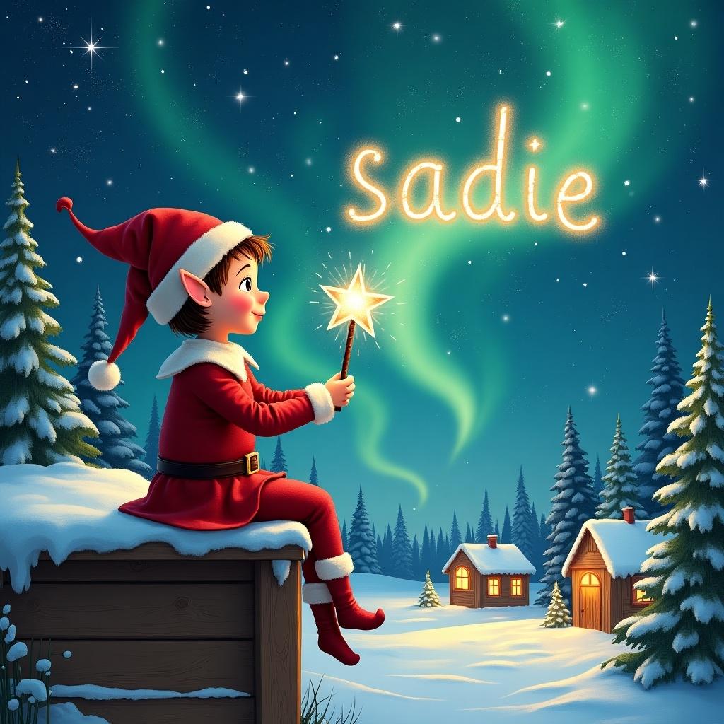 An elf sits on a wooden ledge with its back to the camera. Dressed in a red outfit with a pointed hat. The elf holds a sparkling wand. With the wand, the elf writes the name 'sadie' in the starry sky. The scene includes a snowy landscape, charming little houses, and evergreen trees under shimmering Northern Lights. Whimsical depiction captures childhood magic.