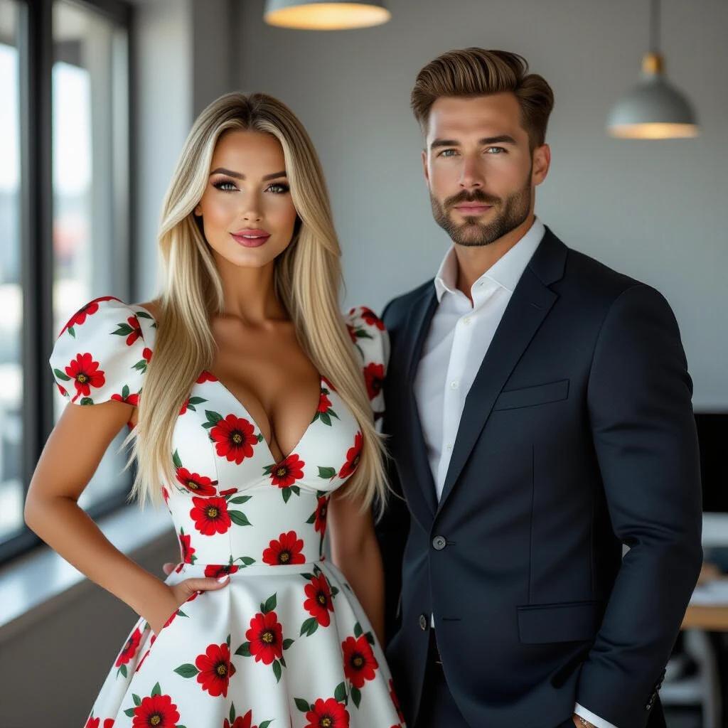 A blonde woman with straight hair poses confidently in a floral mini dress featuring a big neckline and puff sleeves. She stands beside a man with short wavy gray hair dressed in a suit. Both look directly at the camera inside a modern office with natural lighting.