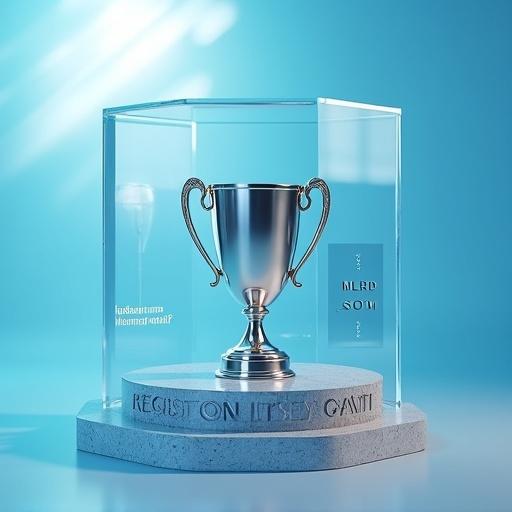 Hyper-realistic silver trophy in a transparent cube. Viewed from low angle. Strong directional lighting from top left. Placed on gray marble pedestal with engraved text. Digital-style text bubble with Uzbek question. Tag with bold text on handle. Bright blue gradient background with soft sun rays.