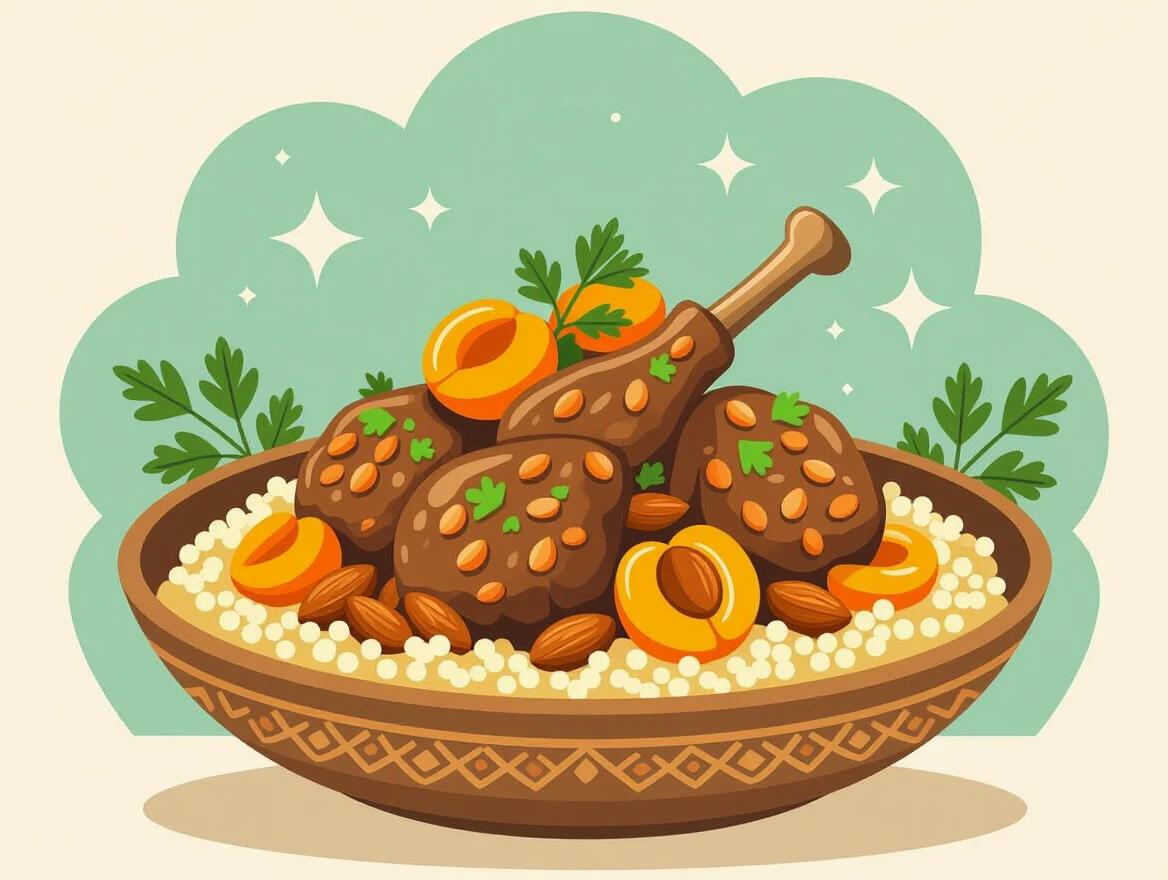 Illustration of slow-cooked lamb with apricots and almonds served with couscous and herbs. Flat cartoon-style design featuring clean geometric shapes. Soft background and rounded edges.