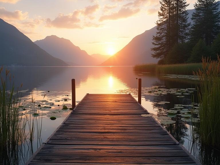 A serene lakeside dock for sunset. Weathered wooden planks lead to a still lake. Water lilies float near the shore. Towering reeds sway gently. The sky has soft oranges and purples. Distant mountains add depth to the scene.
