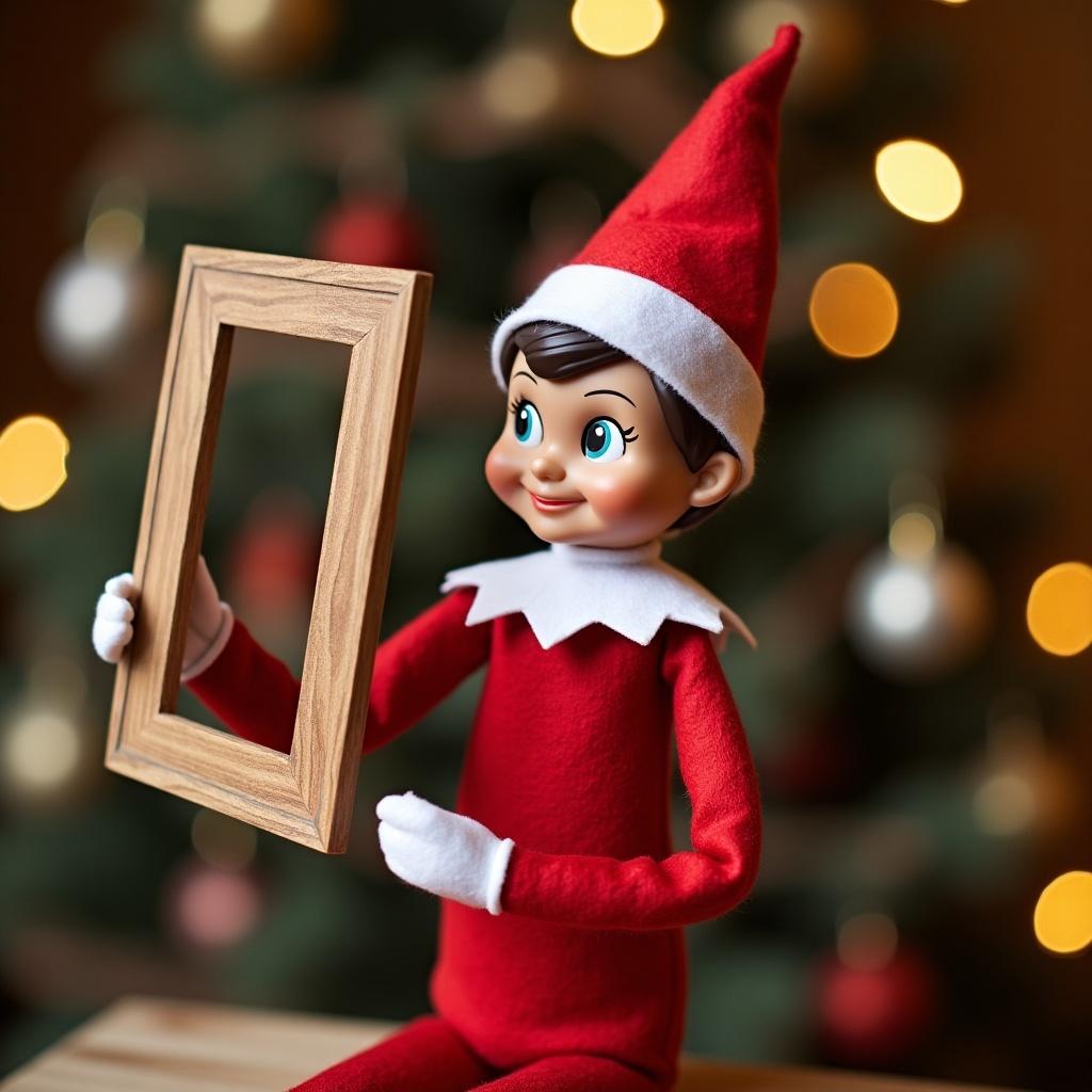 Girl elf on the shelf cheerful Christmas setting. Holding a wooden picture frame. Focus on vibrant colors and festive decorations.