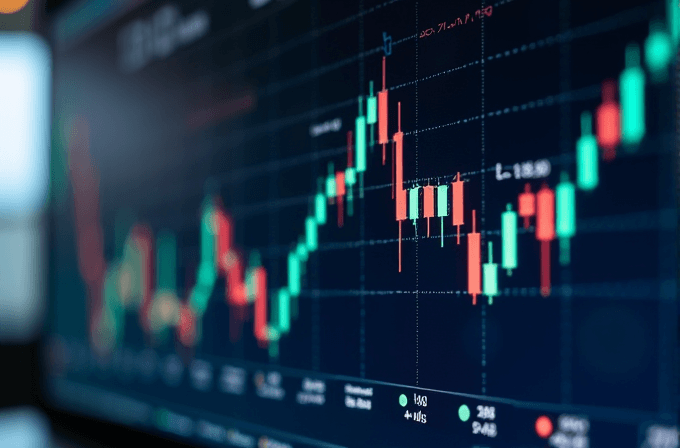 A vibrant digital display of a stock market candlestick chart, depicting fluctuating price movements with green and red bars against a dark background.