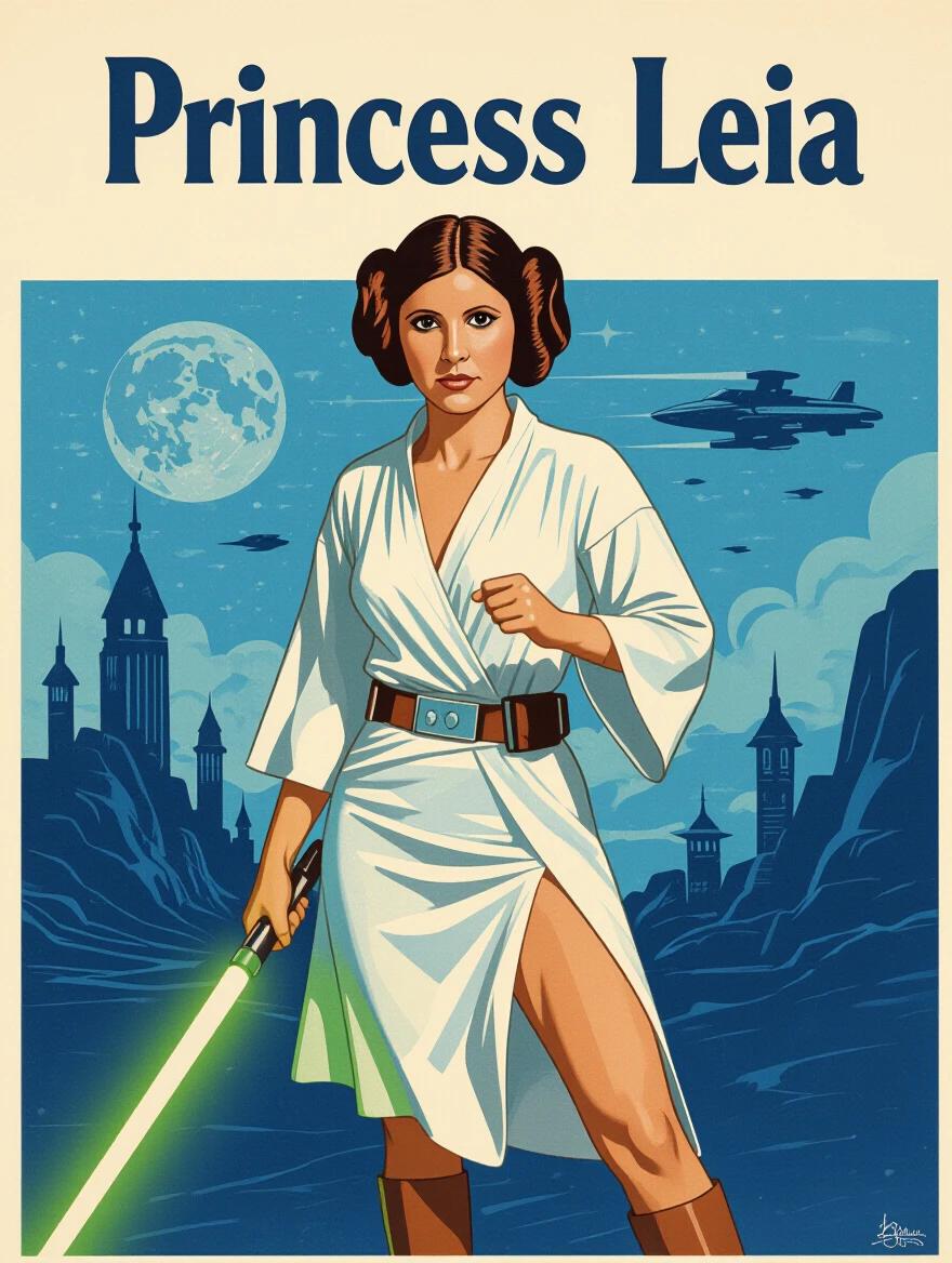 Princess Leia depicted as a strong character in a sci-fi setting. She holds a glowing lightsaber. Background features a moon and a starship. The poster has a colorful retro style.