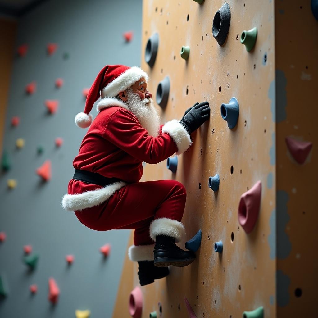 Santa Claus dressed in festive attire climbing a colorful indoor bouldering wall. The setting includes various climbing holds in bright colors against a textured wall.