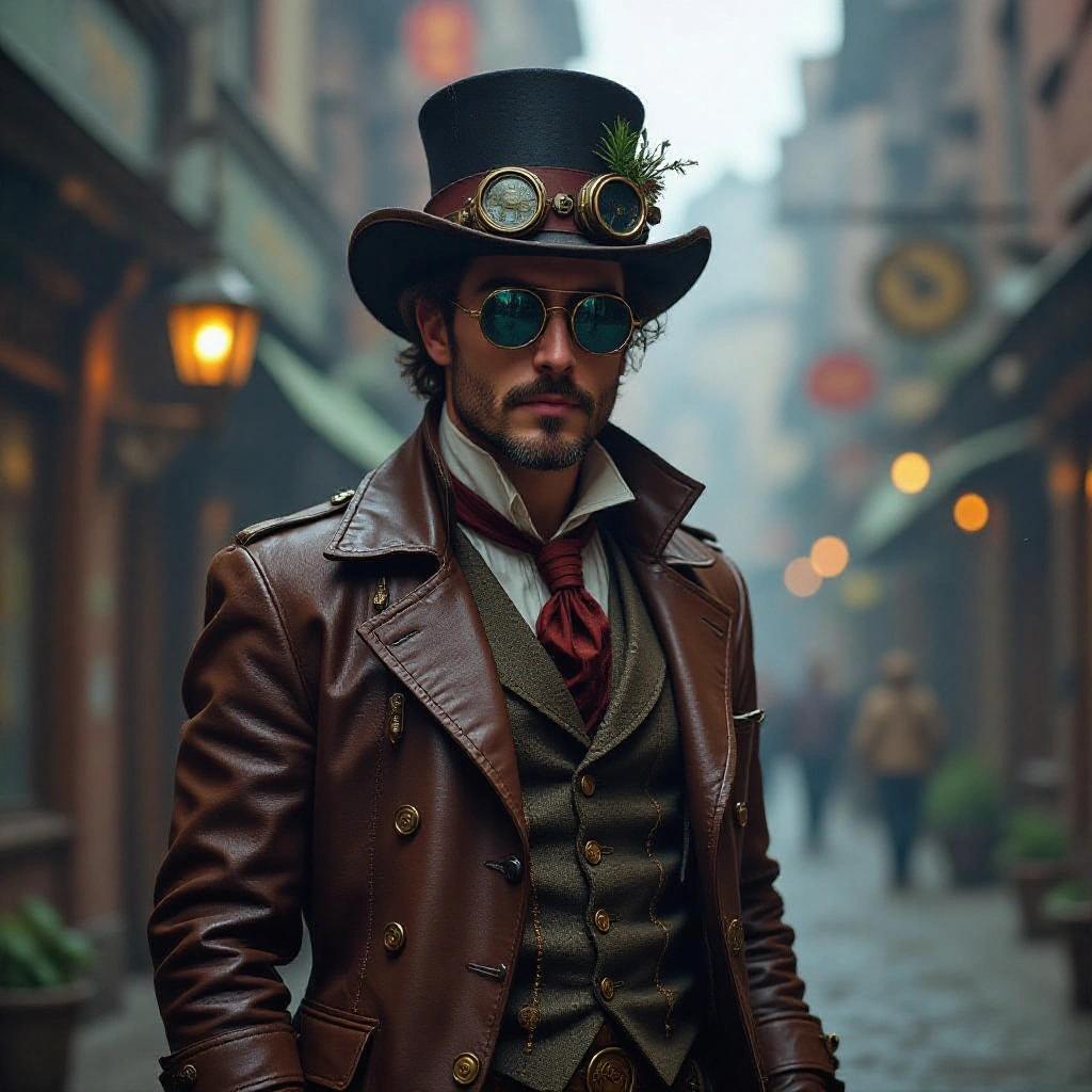 Detailed ambiance with a man in steampunk style. Rock planet vibe. Colorful HDR image. Realistic style.