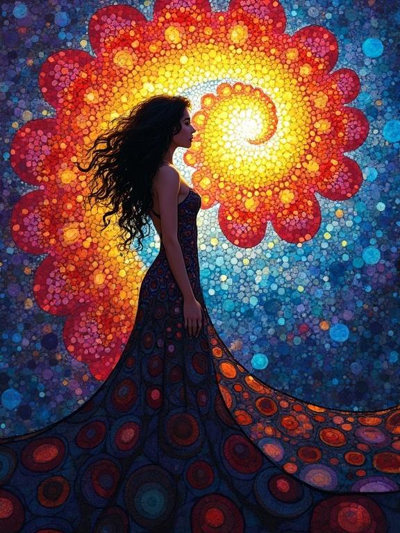 Vibrant abstract mosaic art features serene woman in flowing silhouette. Dark curly hair cascades down shoulders. Woman looks towards vortex of patterned circles. Background shows spectrum of colors including blue, red, yellow, and purple. Dense tapestry of fractal circles with soft glow creates stained-glass effect. Ambient light highlights woman, emphasizing color and movement. Suggests boundless imagination.