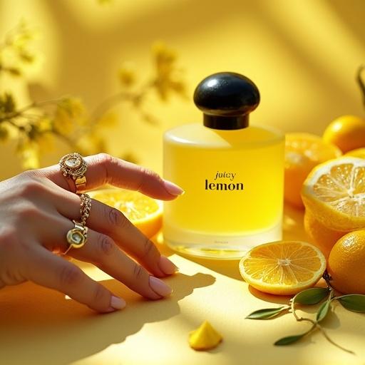 A close-up photo shows a model's hand with manicured nails and golden rings. Hand reaches for a matte yellow perfume bottle. The label reads 'juicy lemon'. Surrounding are lemon slices, dried lemon leaves, and citrus blossoms on a soft yellow background. Soft sunlight enhances the scene.