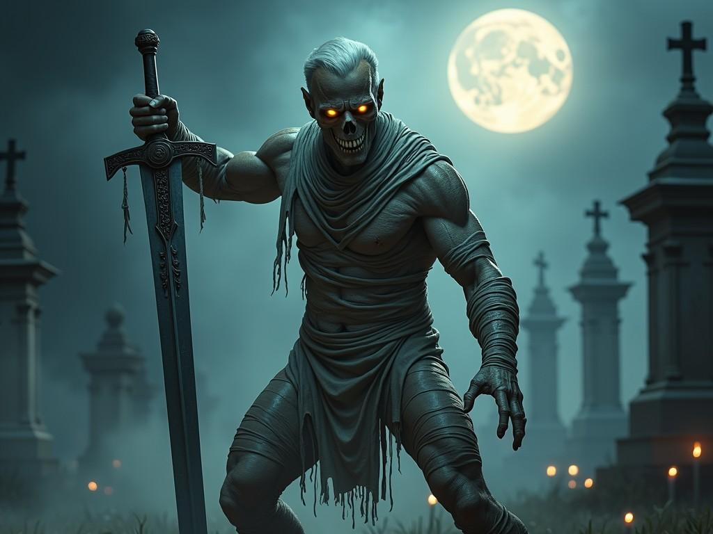 A menacing figure stands in a graveyard under a full moon, clutching a large sword. The creature has glowing eyes, skeletal features, and tattered clothing, embodying a dark and eerie presence. Tombstones and a misty atmosphere enhance the sinister mood of the scene.