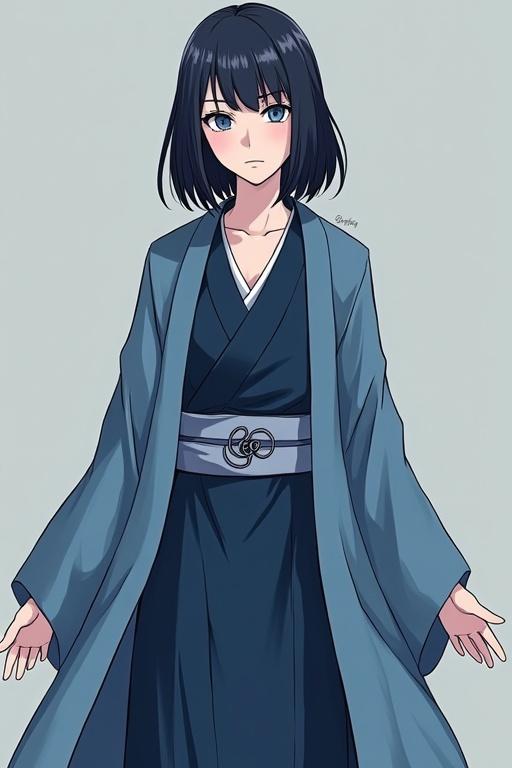 Full body illustration of a female character with long black hair reaching below her hips. Right eye is icy blue and dull, the other is gray. Features a dark blue short and fitted dress with an outer kimono exposing shoulders and collarbone. Includes a white mesh blouse underneath and black mesh stockings.
