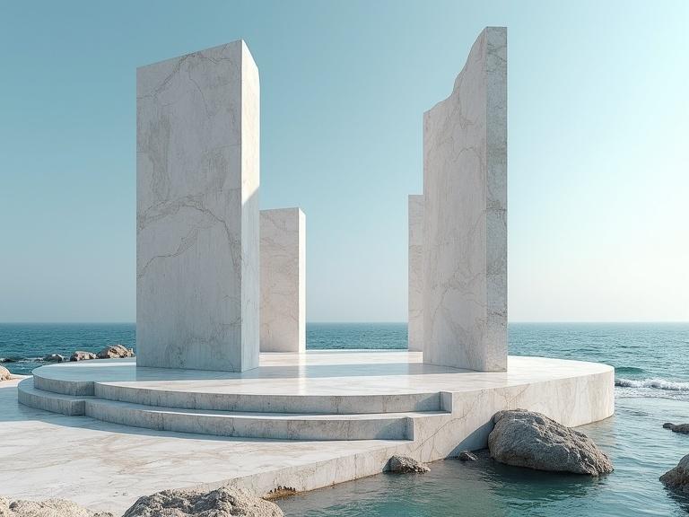 Marble structures sit by the ocean. Clear blue sky spans above. Stone slab platform connects the marble forms. Waves foam against the rocks. Background includes a serene ocean view and distant horizon.