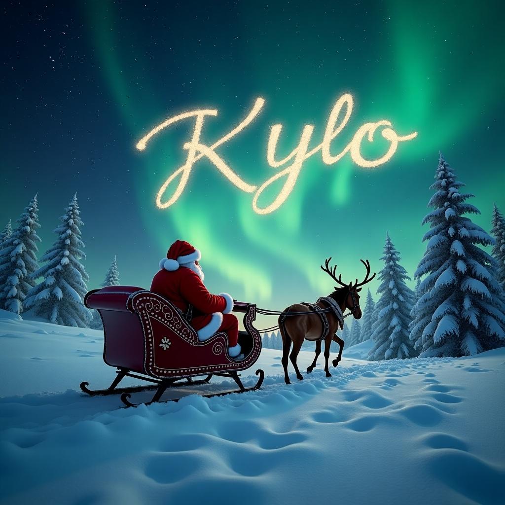 Santa rides a sleigh through a snowy landscape. Auroras glow in the sky. The name 'Kylo' appears in the sky in italics.