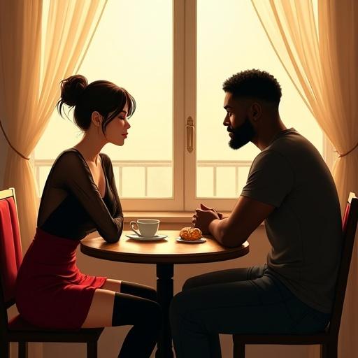 Stylish romantic indoor café scene with a Japanese woman and a Black man in soft morning light. They sit at a small round table by a window with pastries and a teacup. The atmosphere is warm, intimate, and serene. Focus on body language and emotional connection.