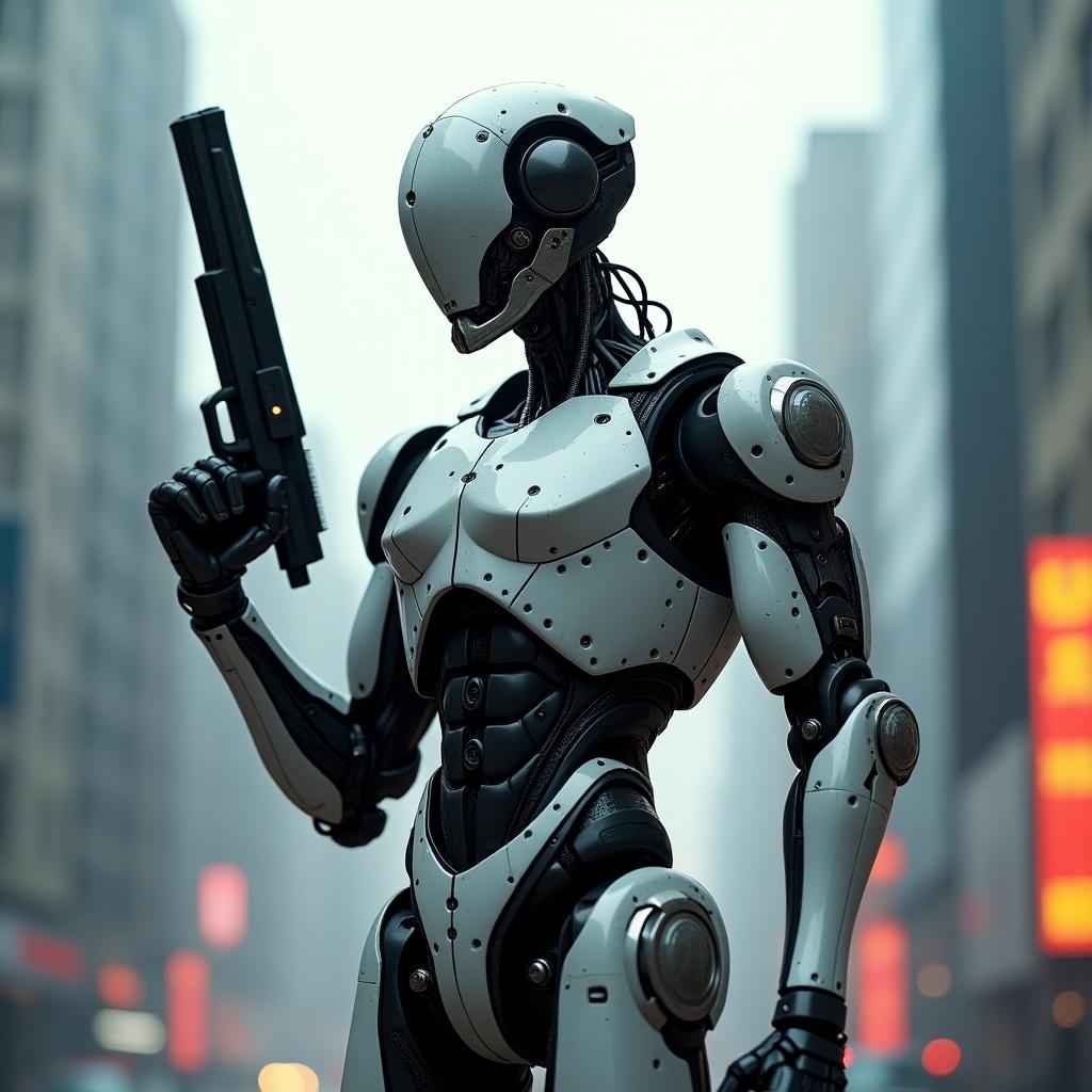 Create an image of a futuristic robotic man holding a gun in a densely populated urban environment. The robot should have sleek metallic features, with a blend of silver and black colors. It stands confidently in the foreground, with a serious expression, ready for action. The background should include blurry city skyscrapers to emphasize a dystopian atmosphere. The lighting should be soft to create a mysterious effect, highlighting the robot's details.