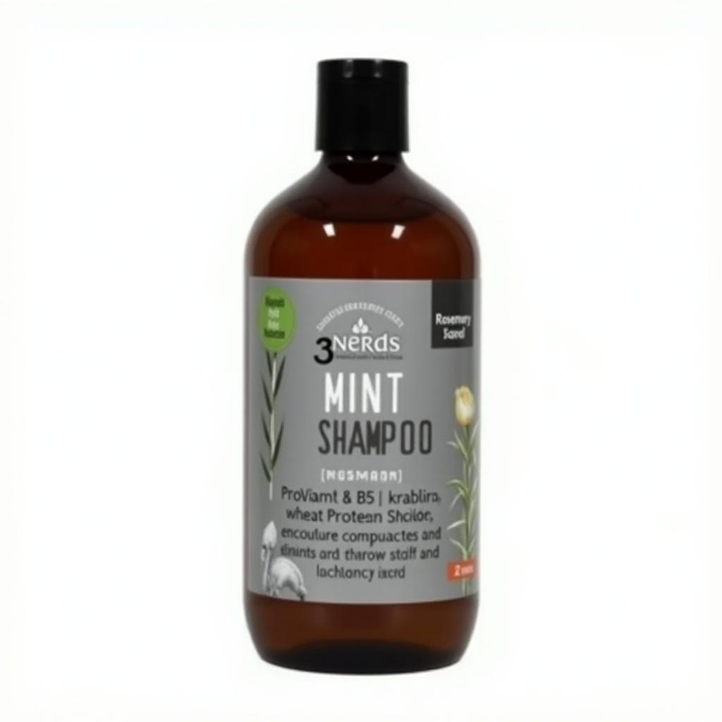 This image features a bottle of rosemary shampoo from the brand 3nerds. The bottle is made of dark amber glass with a black cap. The label is grey, prominently displaying 'MINT SHAMPOO' in white text. Additional information on the label highlights the inclusion of ProVitamin B5 and wheat protein. It claims to promote hair growth and soothe dry hair and itchy scalp, with illustrations of rosemary leaves enhancing the design.