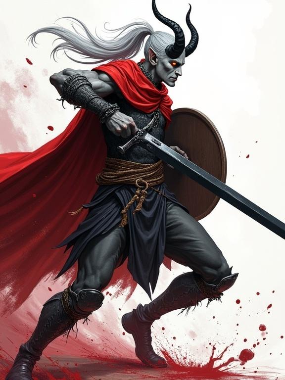 Colored sketch. Tall imposing male tiefling. Mid-swing with black longsword. Ash-gray skin. Amber glowing eyes. Long silver hair flying from high ponytail. Sleek black curved horns. Wearing chainmail shirt and red cloak. Shield on back. Blood splashing around. Non-shine dynamic action pose.