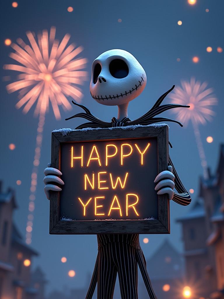 Jack Skellington character holds a sign that says Happy New Year. Fireworks illuminate the sky. Winter village in the background.