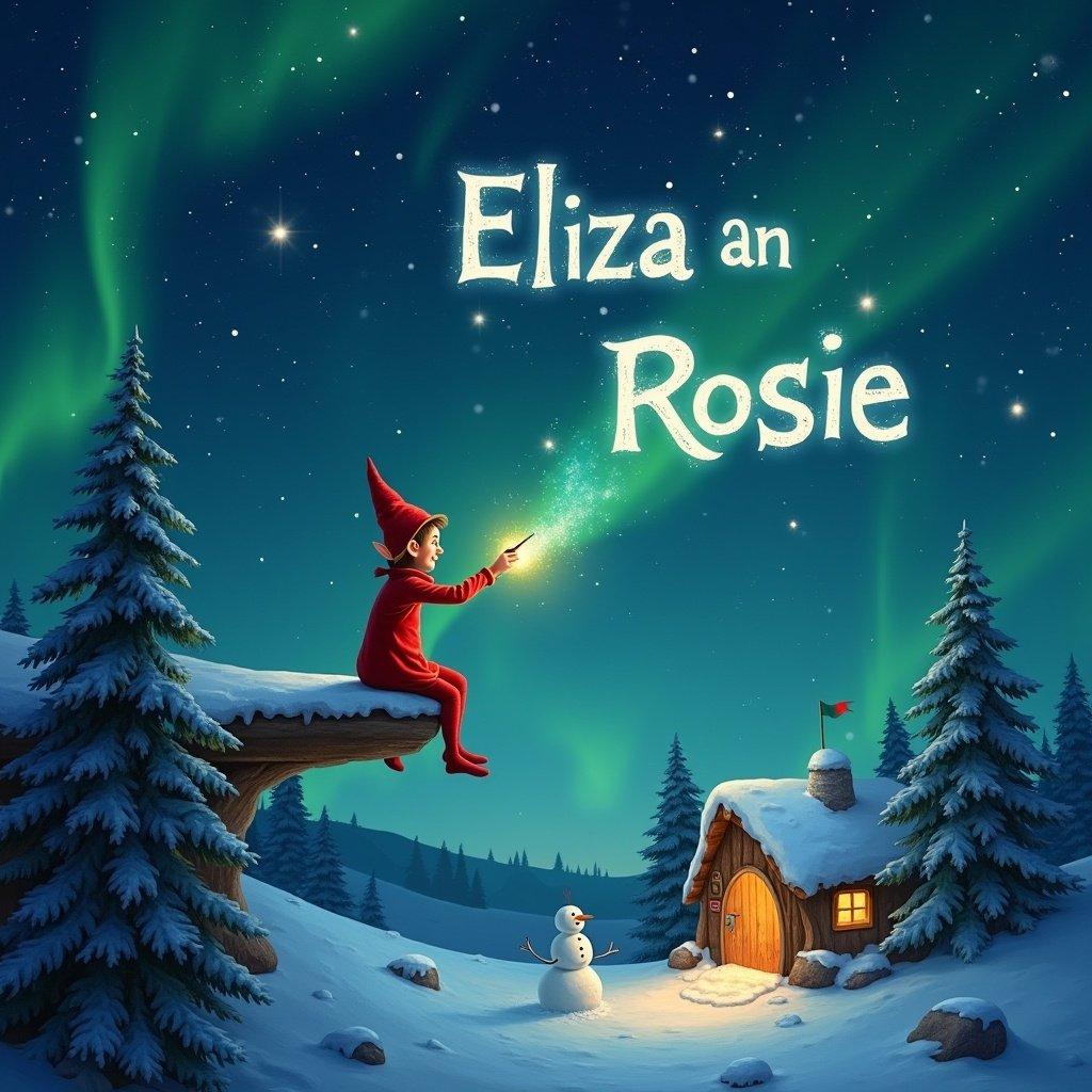 Elf writes Eliza and Rosie in magical night sky. Elf is on ledge, dressed in red with pointed hat. It holds wand creating shimmering letters. Below is snowy landscape with grotto, trees and snowman illuminated by Northern Lights. Atmosphere rich in childhood magic and Christmas spirit.