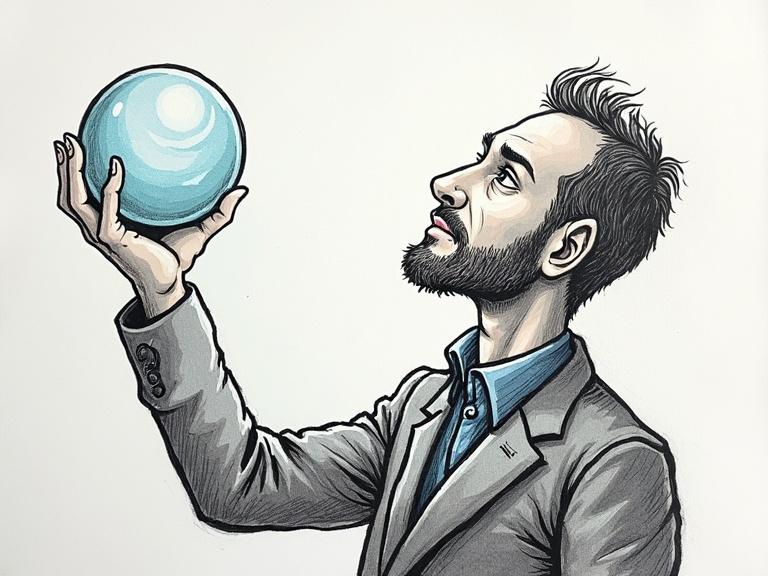 A person holds a crystal ball to predict market directions. Illustration of a man in a suit looking upward at the ball. The scene emphasizes market forecasting.