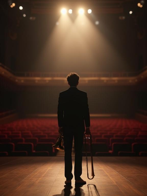 Cinematic shot of a musician on stage in a concert hall. Trombone held in right hand. Seen from behind. Dark auditorium in background with velvet seats. Dramatic lighting creates shadows. Warm spotlight illuminates musician. Dust particles visible in the air.