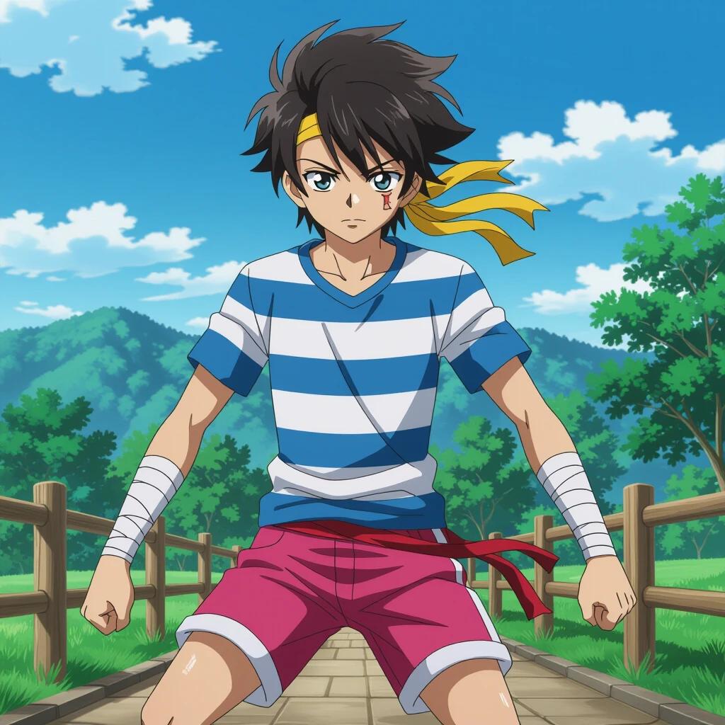 Anime-style illustration in 4K quality of a South American teenager aged 19. He has a lean build with black curly short hair and black eyes. Wearing a blue and white striped t-shirt and purple shorts. He is wearing green sandals, white bandages on both wrists, a yellow headband, and a red bandana around his neck. Standing slightly leaning forward with a serious expression, smiling confidently, looking directly at the camera. Background features trees and nature with a vibrant sunset in purple and yellow sky. His pose is powerful and impactful, reflecting a fighter's presence. Sunlight is reflecting on him.