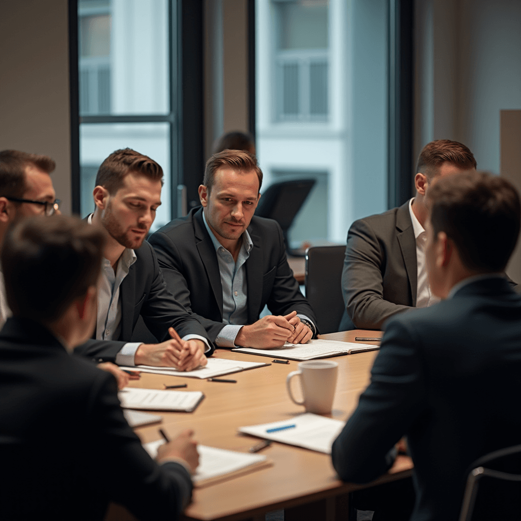 A group of professionals in suits engaged in a serious discussion around a conference table with notepads and pens.