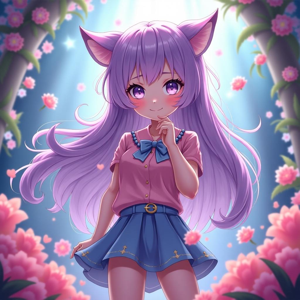 Anime girl with purple hair and purple eyes wearing cute makeup. She stands among flowers. The scene is bright and dreamy.