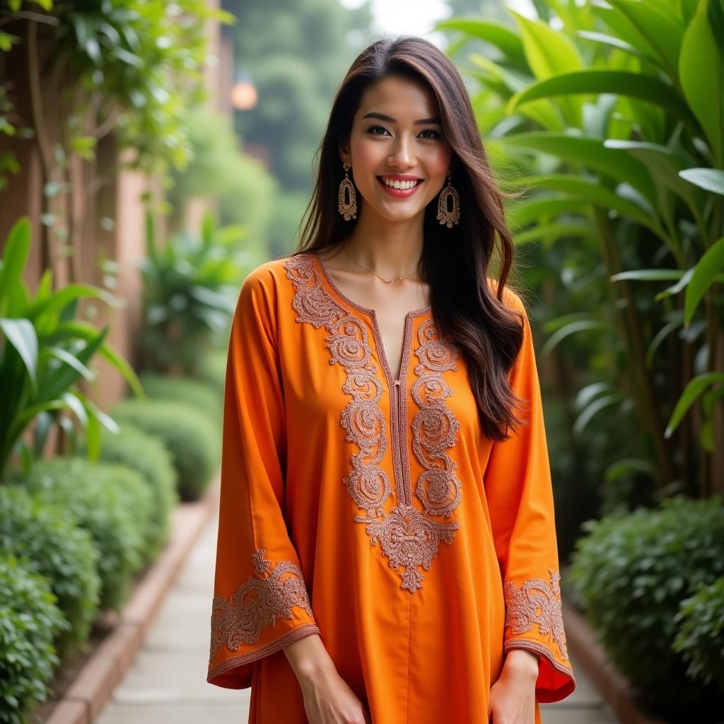 Image of a woman wearing bright orange Muslimah raglan sulam tunic with intricate embroidery in a lush green garden. Tunic features beautiful patterns reflecting cultural heritage. Woman stands confidently, serene expression. Soft natural light highlights features and details of tunic. Elegant hairstyle complements overall look, with earrings adding sophistication.