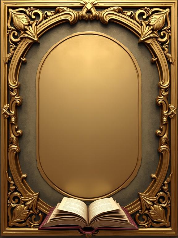 Golden 3D book border features detailed art nouveau styles. An ornate frame surrounds an empty space and an open book at the base. Soft lighting brings out the gold accents. The design is both elegant and classic.